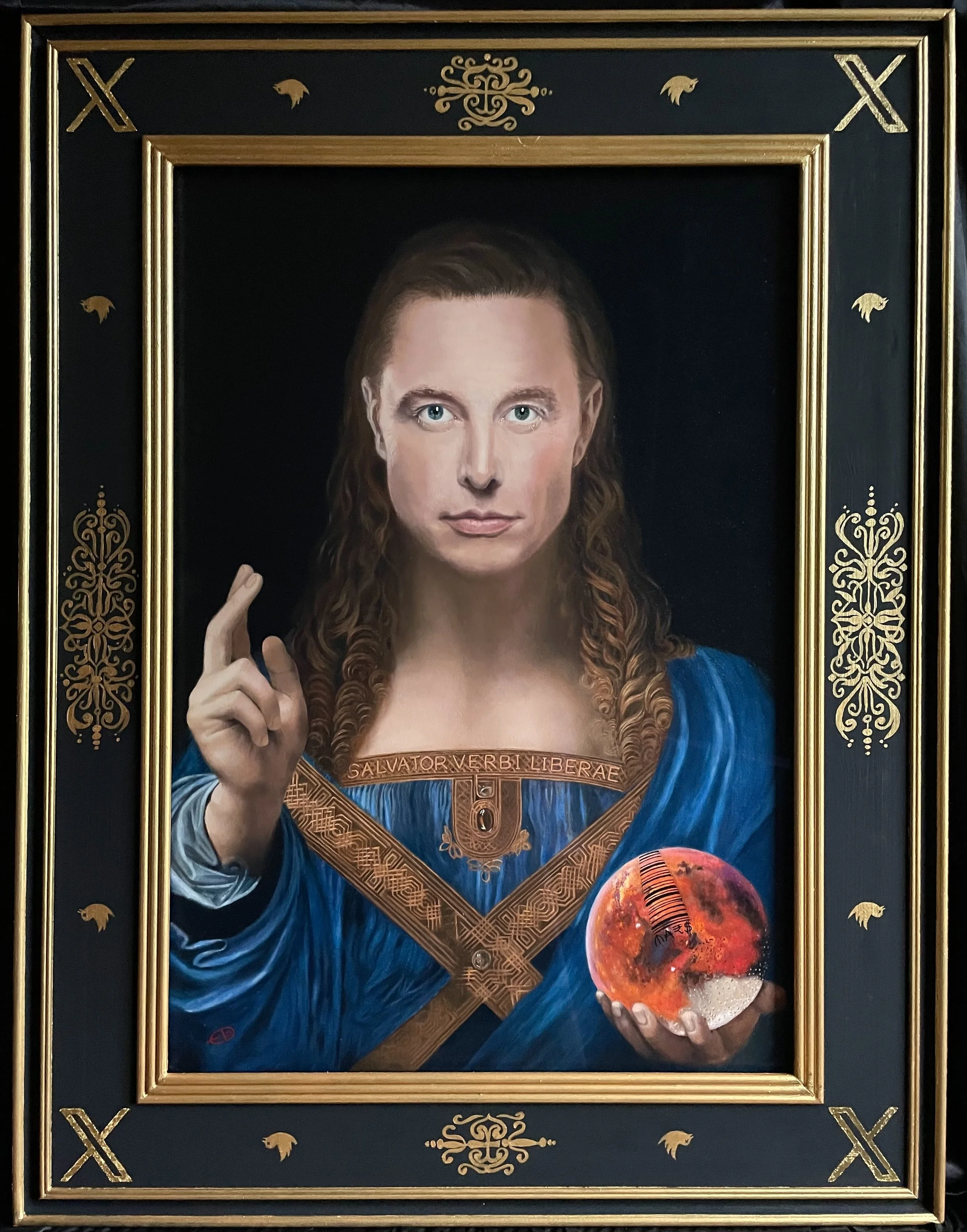 Title of painting: SALVATOR VERBI LIBERAE. Date: 2025. Medium: Oil on canvas, hand carved 24 carat gilded frame. Dimensions: 660 mm x 460 mm. © Ellie Damant