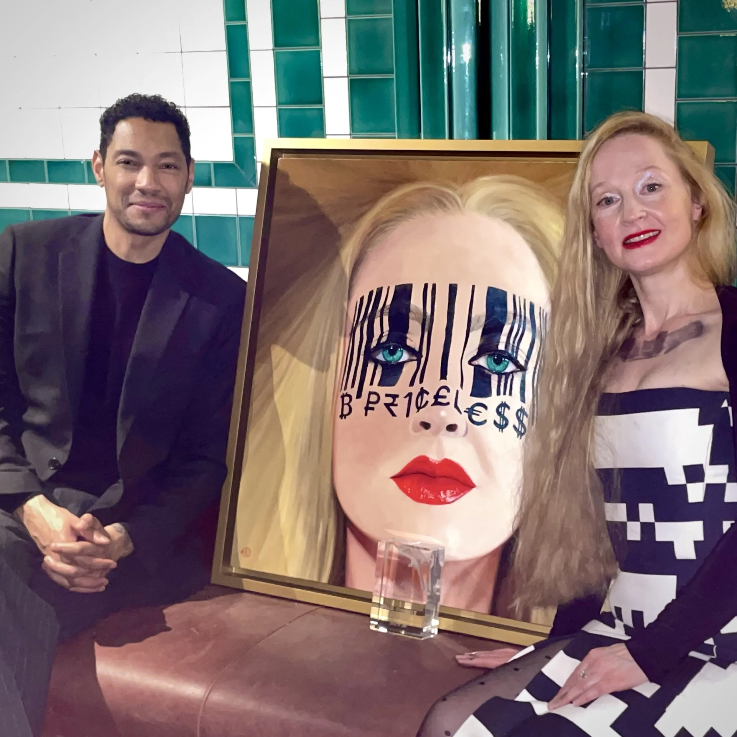 Damien Dubel and Ellie Damant with B Priceless and The Dubel Prize Award. Ellie was announced the Winner of The Dubel Art Prize Emerging Artist Of The Year 2025/26 on 10 February 2026, at 194 Piccadilly, London.