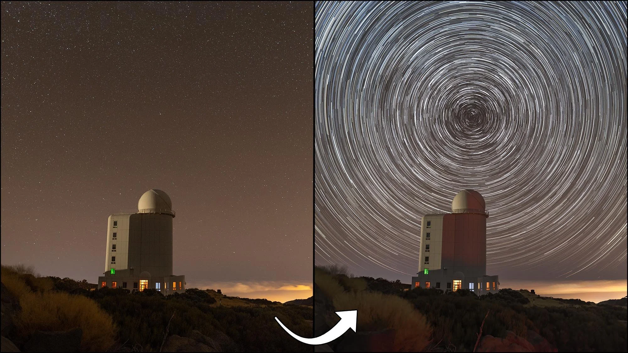 Observatory with star trail above before and after edit