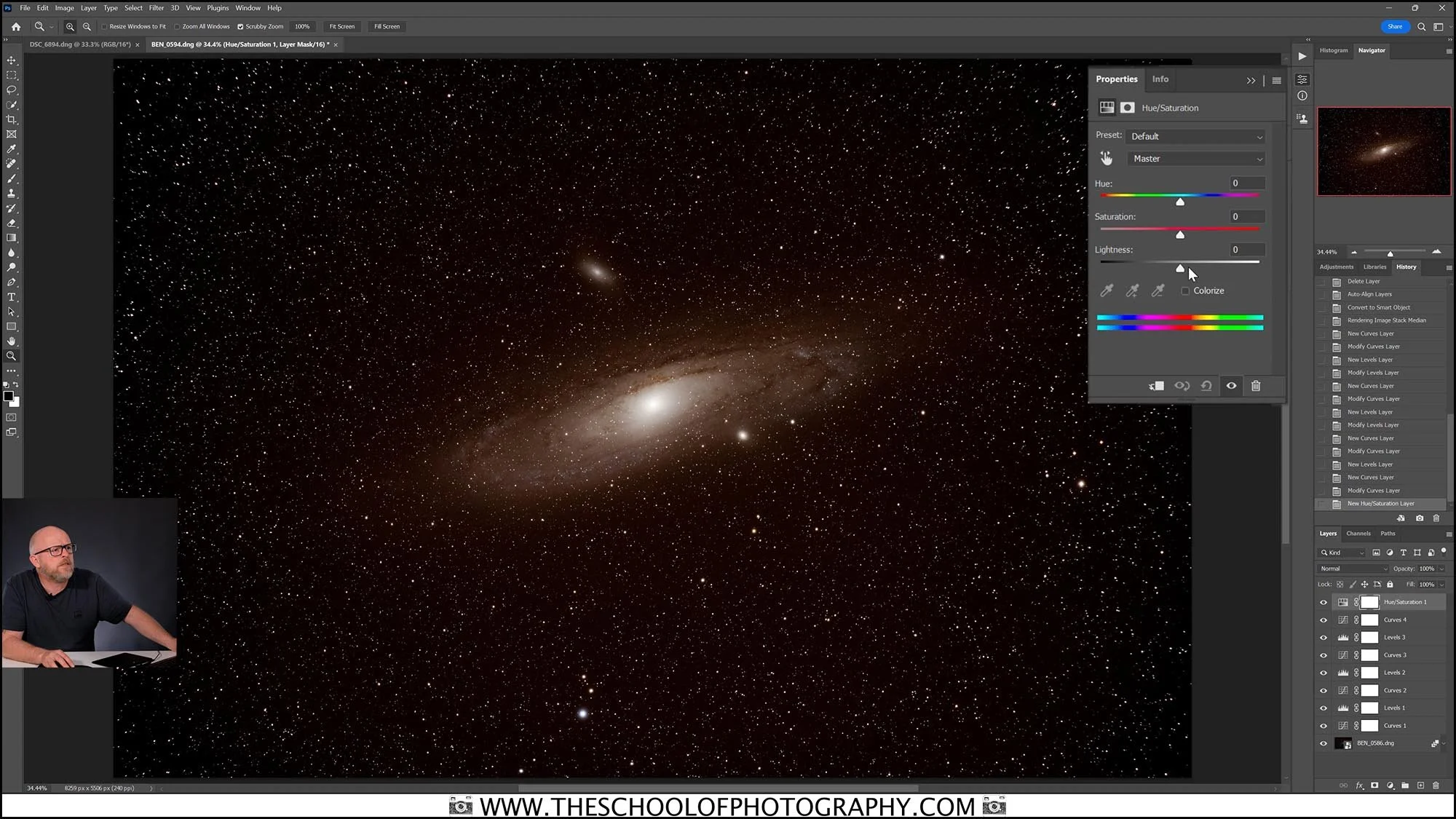 Photoshop editing of a deep space galaxy image with adjustment panels visible.