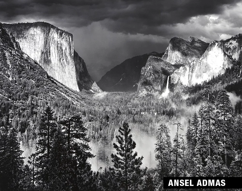 Black and white photograph of Yosemite Valley by Ansel Adams.