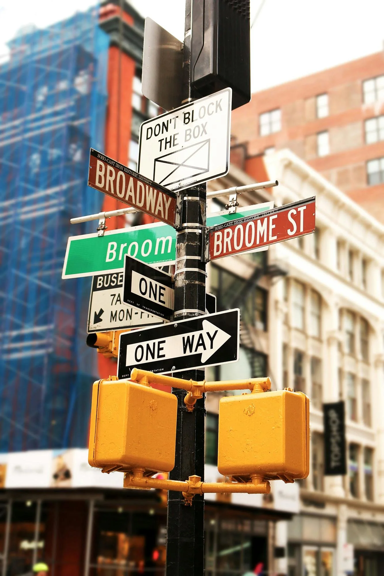 New York street signs at Broadway and Broome Street in a photo before using free Lightroom film presets.
