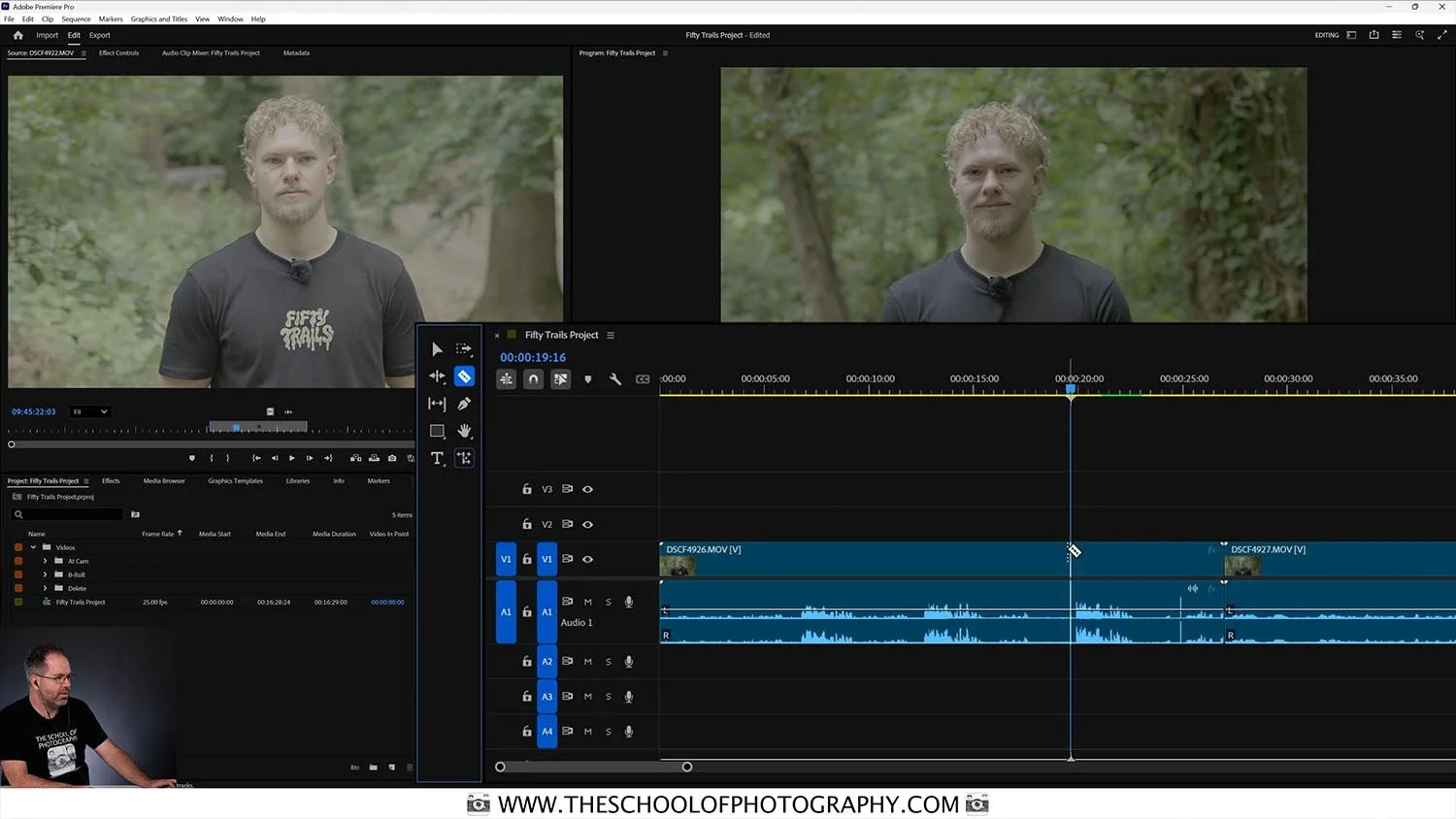 Video editing software interface showing clips on a timeline being cut with a razor tool, with preview windows displaying footage.