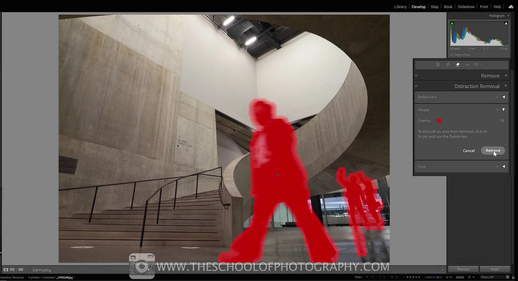 Red mask overlay used for removing people.