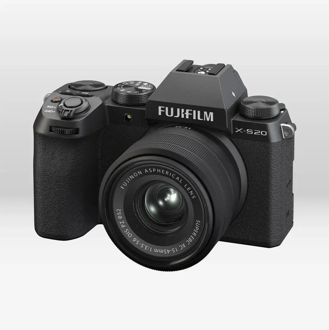 Fujifilm X-S20 APS-C hybrid mirrorless camera with XC 15-45mm lens angled front view
