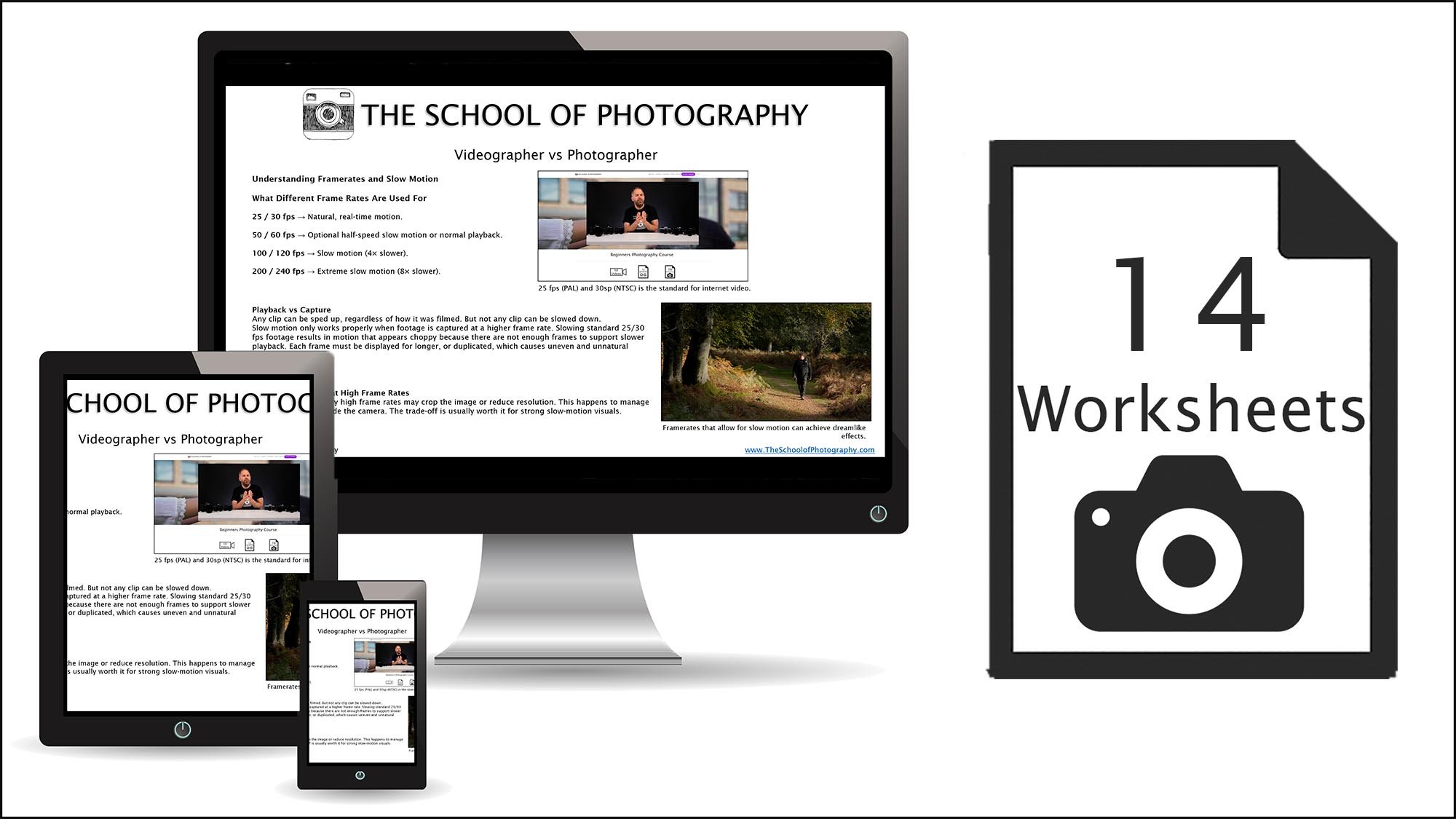 The School of Photography course content displayed on desktop, tablet and mobile devices with downloadable worksheets included