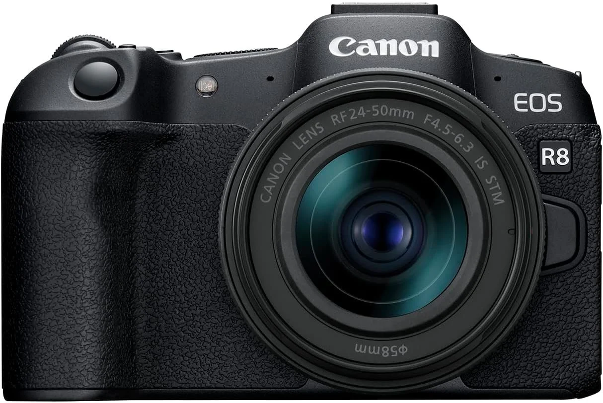 Canon EOS R8 full-frame mirrorless hybrid camera with RF 24-50mm lens front view