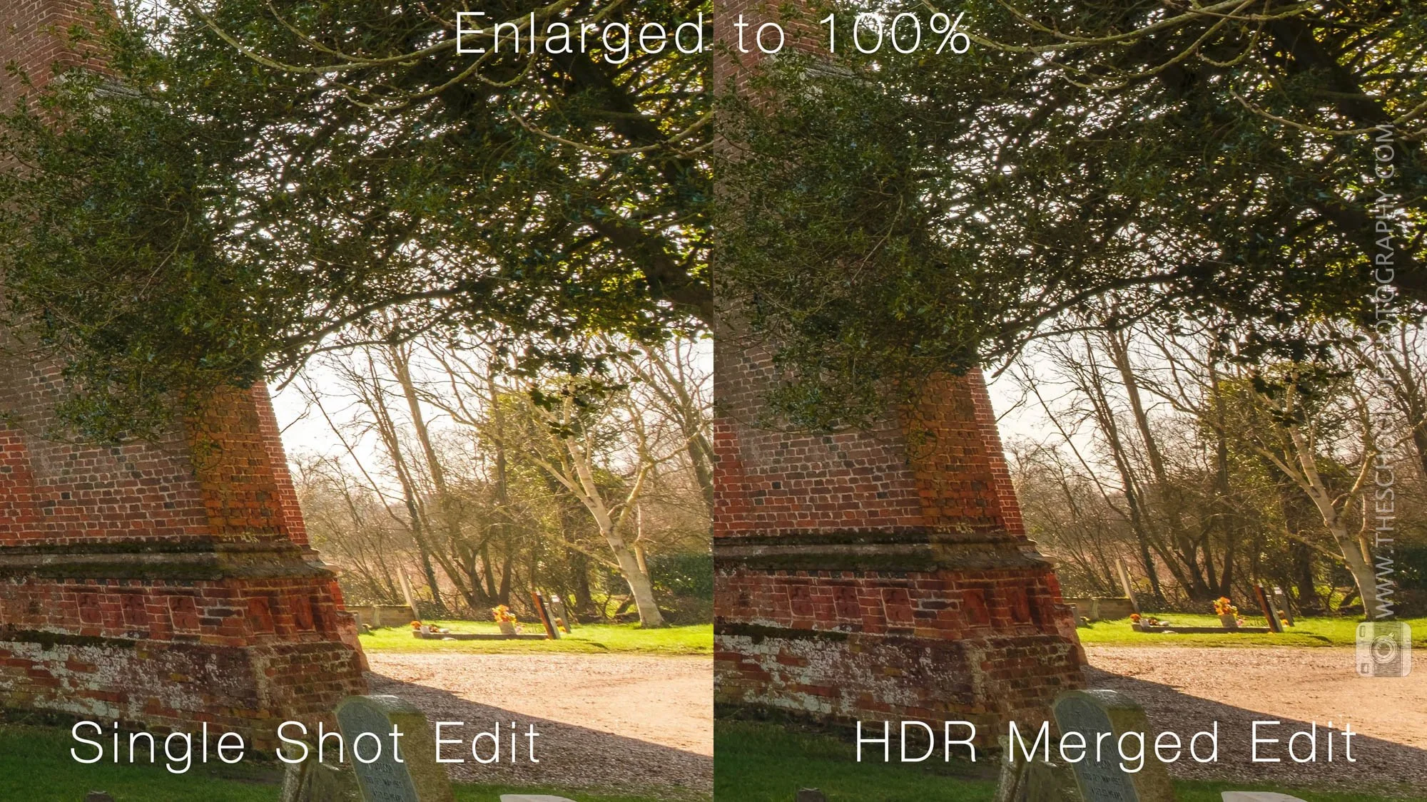 Comparison of detail between single shot edit and merged hdr image