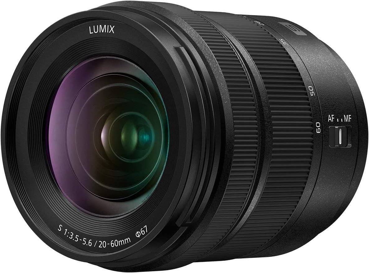 Panasonic Lumix S 20-60mm f/3.5-5.6 full-frame mirrorless lens angled front view
