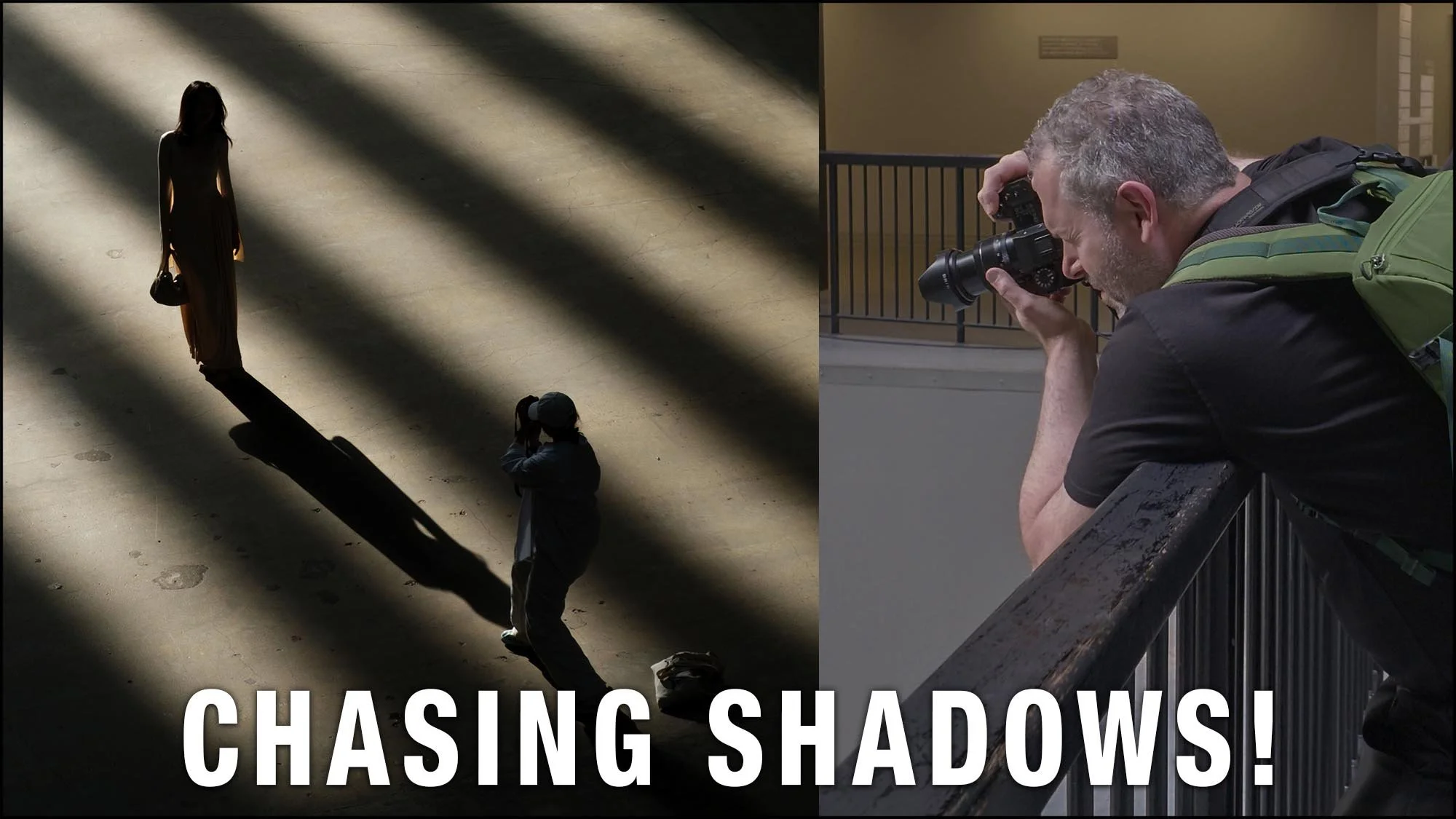 London street photography photo walk thumbnail showing a photographer chasing dramatic shadows and light in an urban scene.