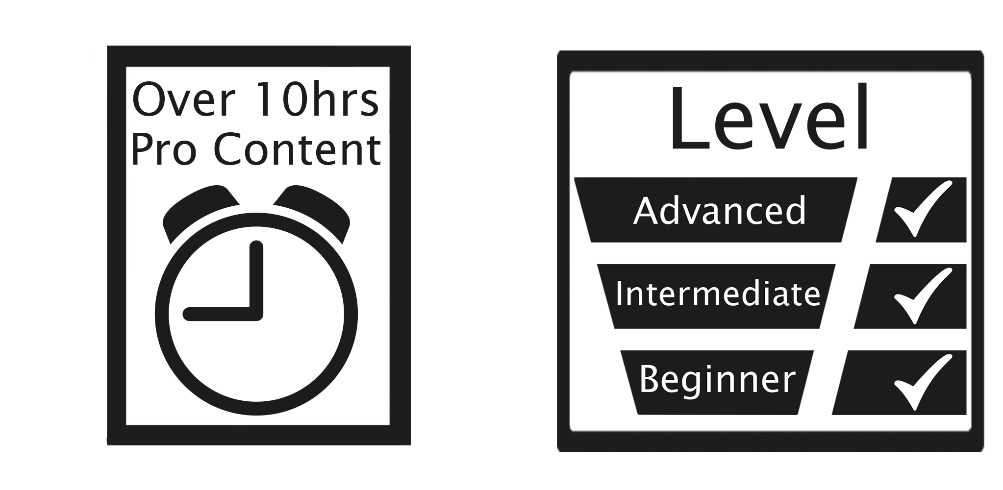Videography course graphic showing the hours of content in the course and level of videographer