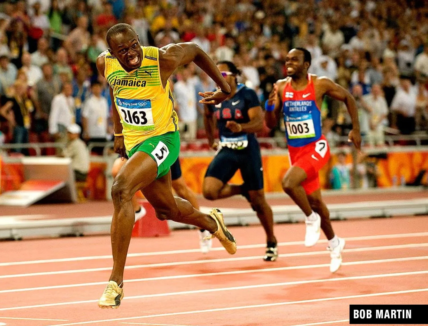 Usain Bolt 200m final at Beijing Olympics by famous sport photographer Bob Martin