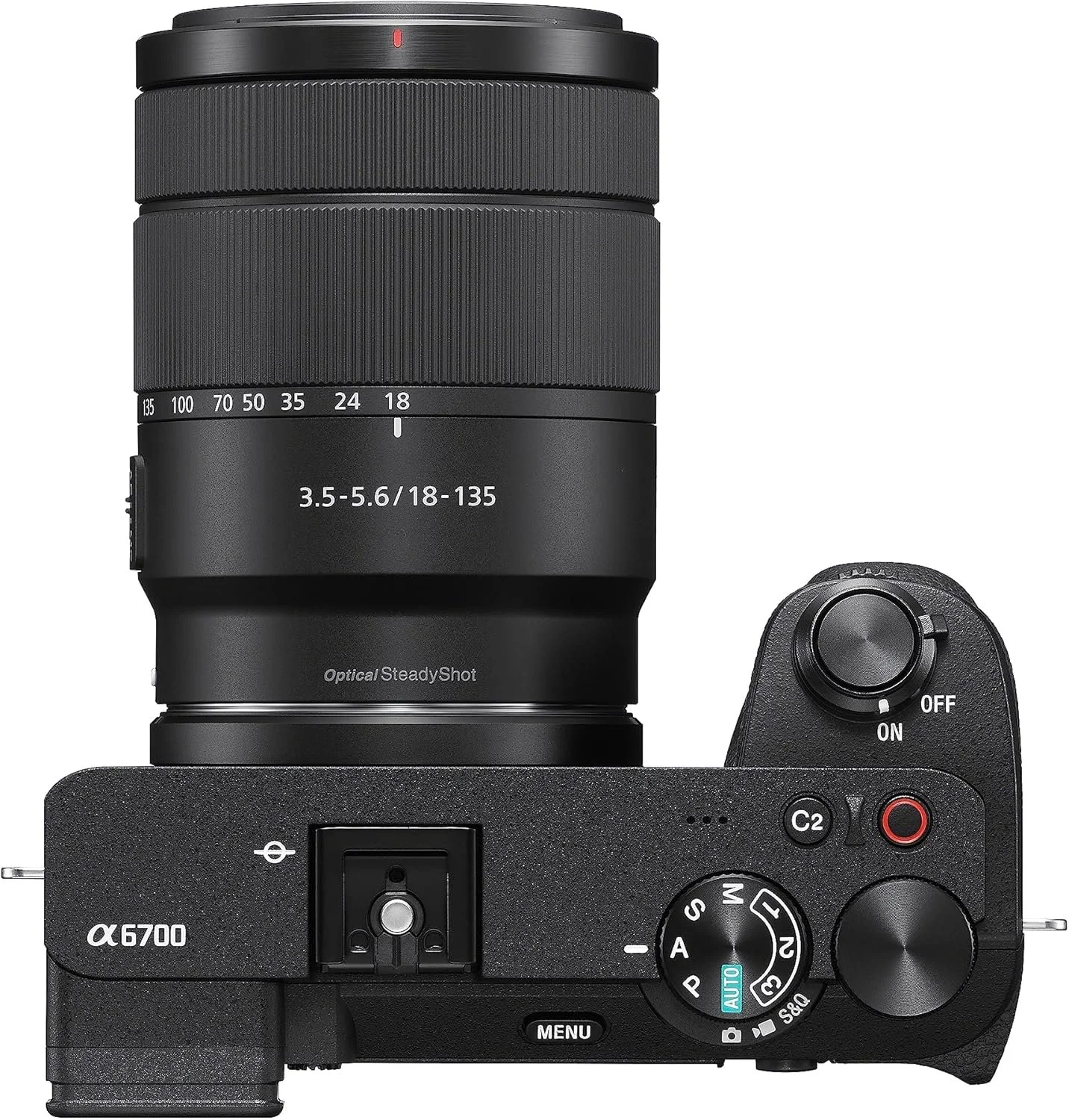 Sony A6700 APS-C mirrorless hybrid camera with 18-135mm lens top view showing mode dial and controls