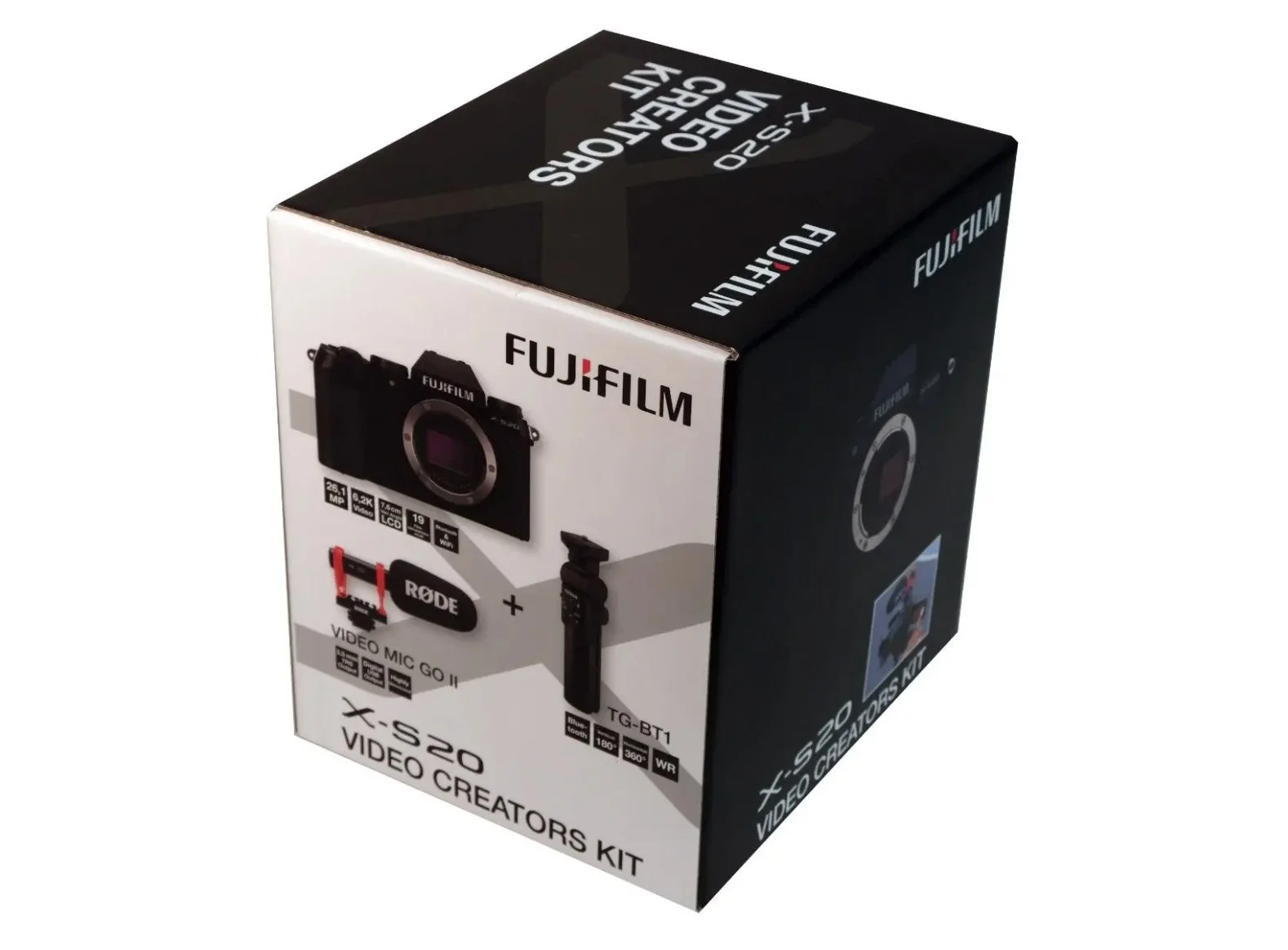 Fujifilm X-S20 Video Creators Kit box with RODE VideoMic GO II and TG-BT1 tripod grip