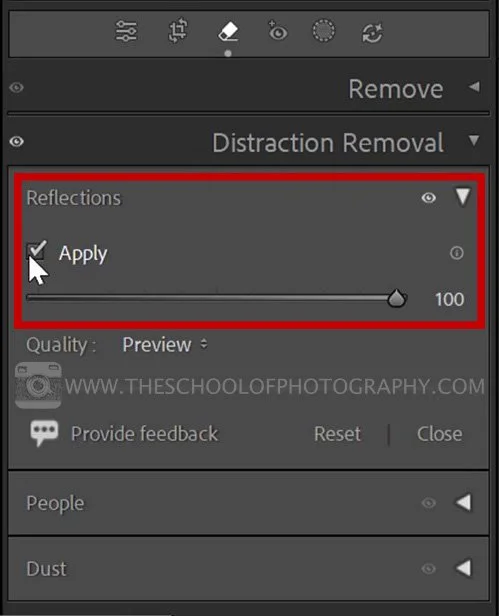 Lightroom interface showing the "Develop" module and "Distraction Removal" menu