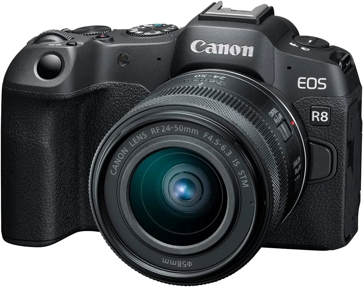 Canon EOS R8 full-frame mirrorless hybrid camera with RF 24-50mm lens angled front view