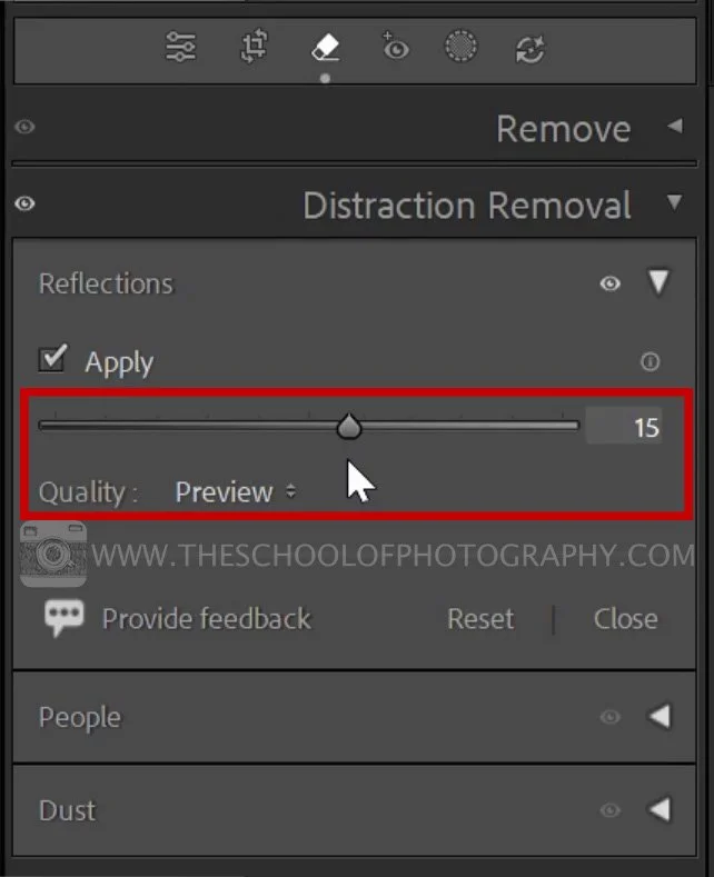 Lightroom distraction removal reflections slider.