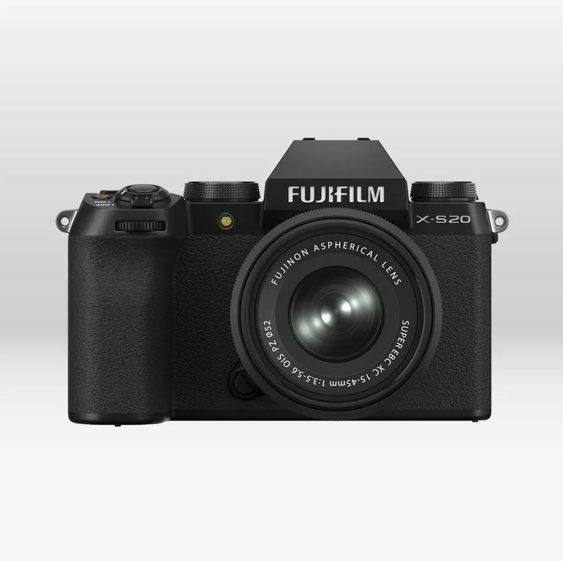 ujifilm X-S20 mirrorless hybrid camera with XC 15-45mm kit lens front view
