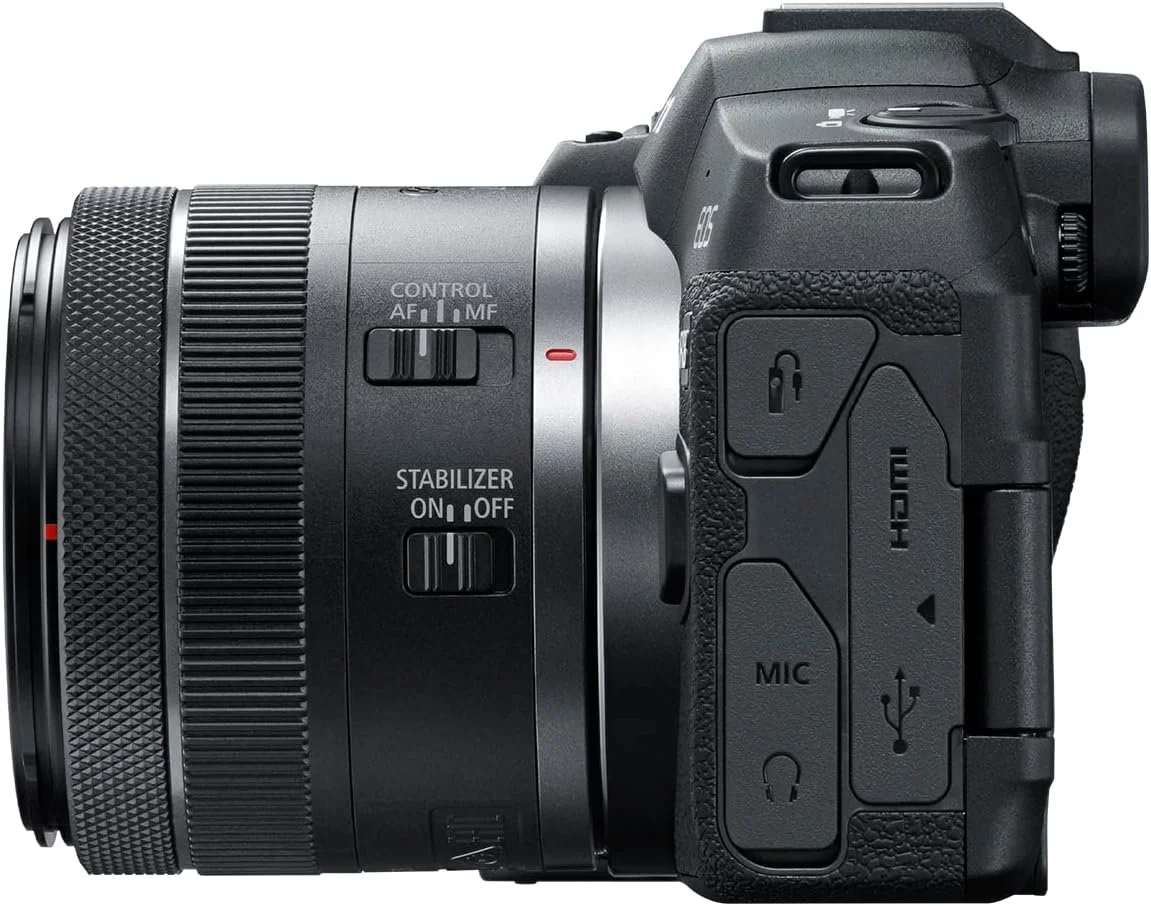 Canon EOS R8 full-frame mirrorless hybrid camera side view with RF 24-50mm lens and microphone and HDMI ports