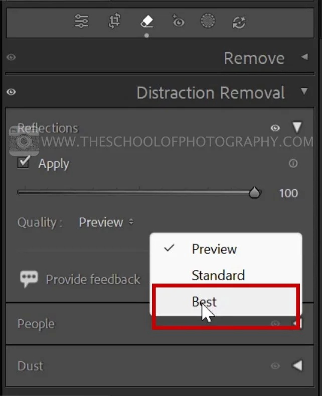 Lightroom menu showing the 'Best' quality option highlighted