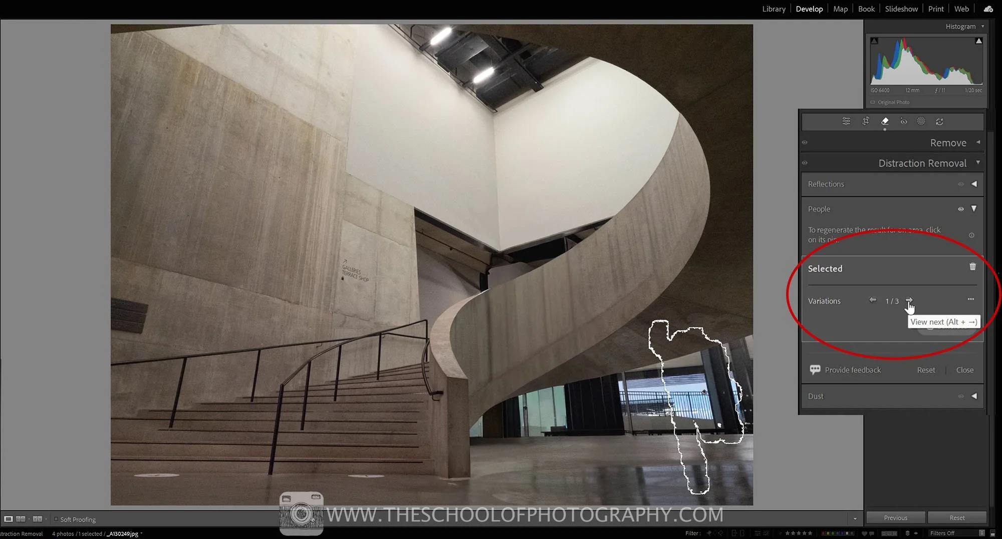 Screenshot of Adobe Lightroom's "Selected Variations" menu highlighted in red.