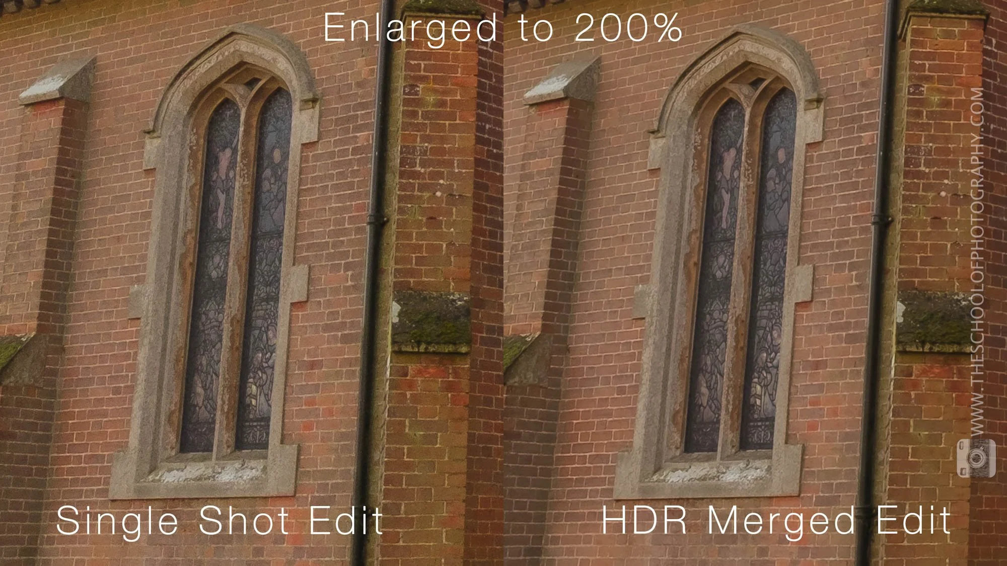 Comparison of detail between single shot edit and merged hdr image