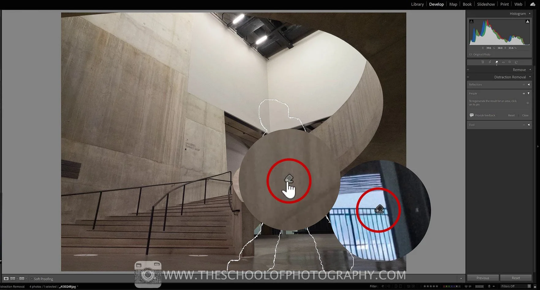 Screenshot of Lightroom interface showing the removal of specific people pins using the tool.