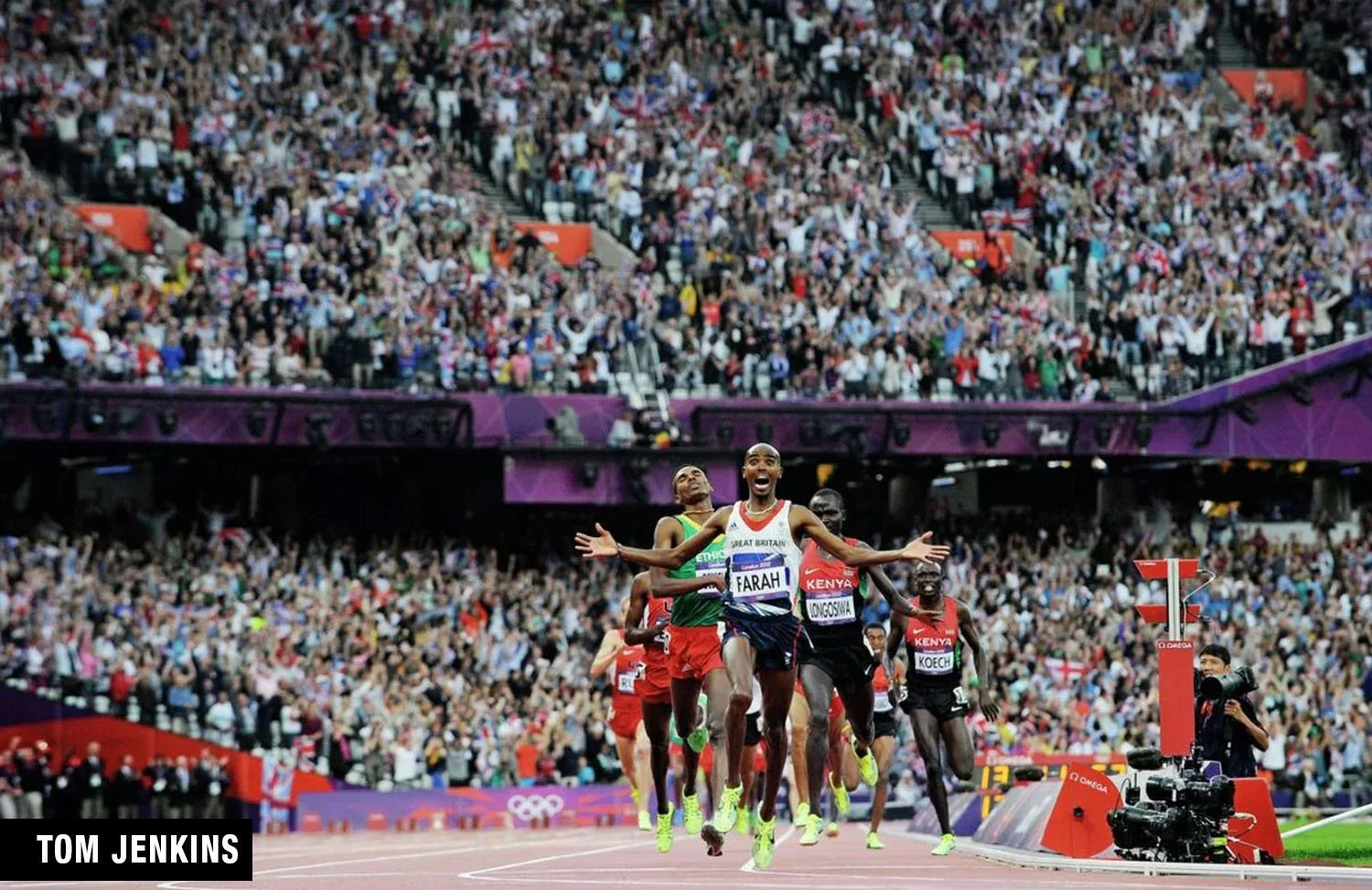 Mo Farah wins gold at the 2012 London Olympics, shot by famous sports photographer Tom Jenkins.