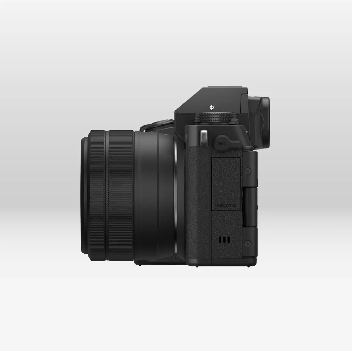 Fujifilm X-S20 hybrid mirrorless camera with XC 15-45mm lens side view showing ports