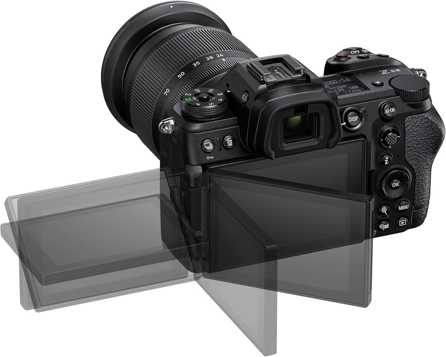 Nikon Z6 III mirrorless camera with 24-70mm lens rear view showing vari-angle touchscreen