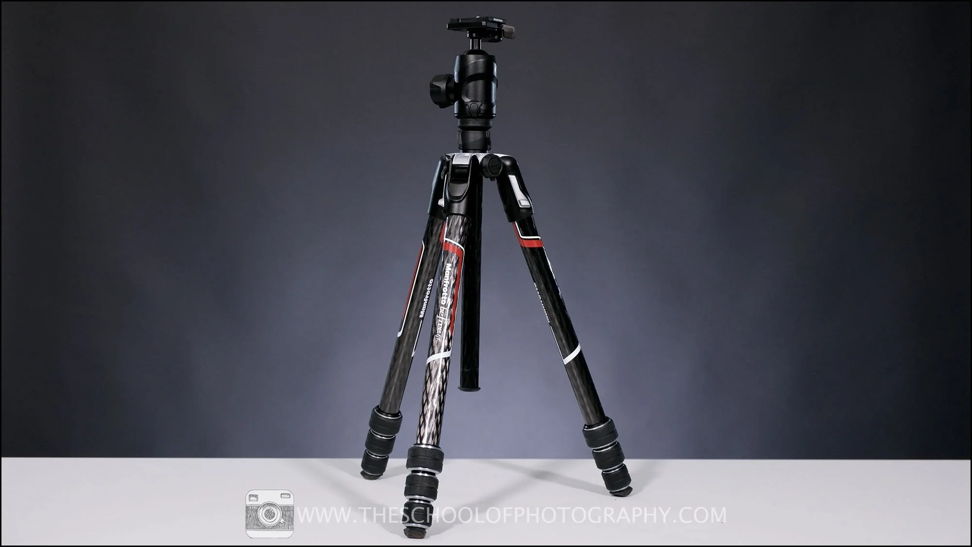 Compact tripod with adjustable legs and ball head mounted on a table top, used for stabilising cameras during photography and videography.