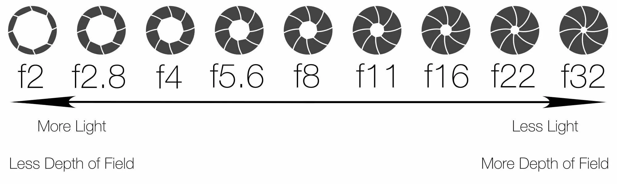 Diagram showing camera aperture sizes from f/2 to f/32. Wider apertures allow more light and create less depth of field, while narrower apertures allow less light and create greater depth of field.