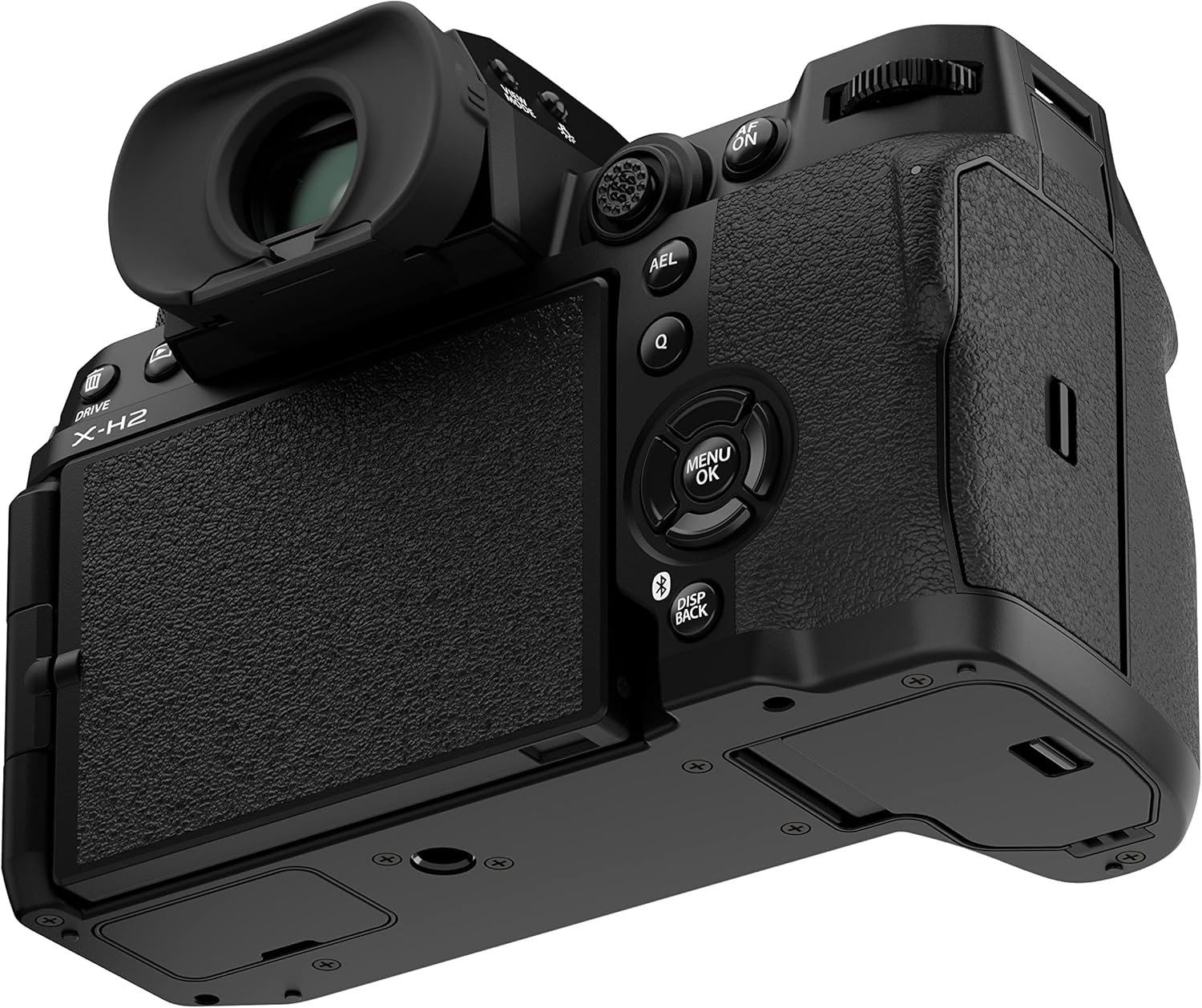 Fujifilm X-H2S mirrorless camera angled rear view showing controls and articulated screen