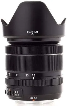 Fujifilm XF 18-55mm f/2.8-4 R LM OIS zoom lens with lens hood front view