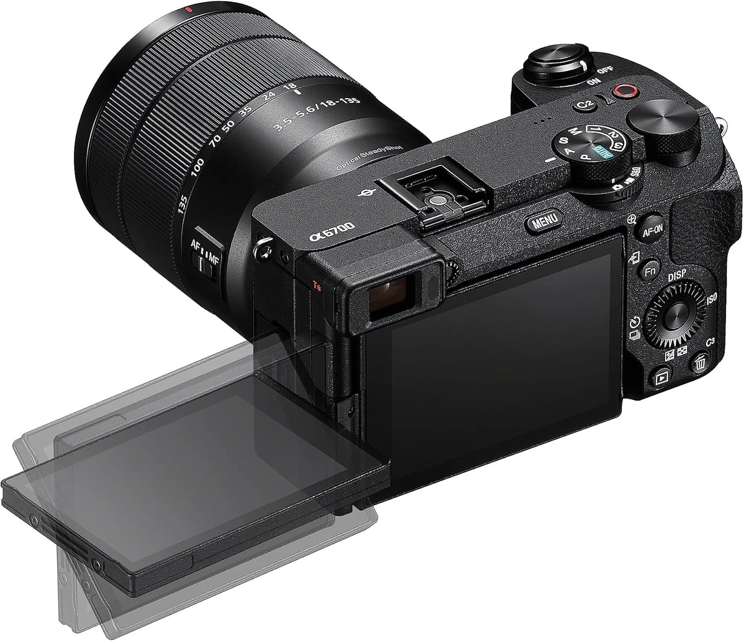 Sony A6700 mirrorless hybrid camera with 18-135mm lens rear view showing flip-out screen