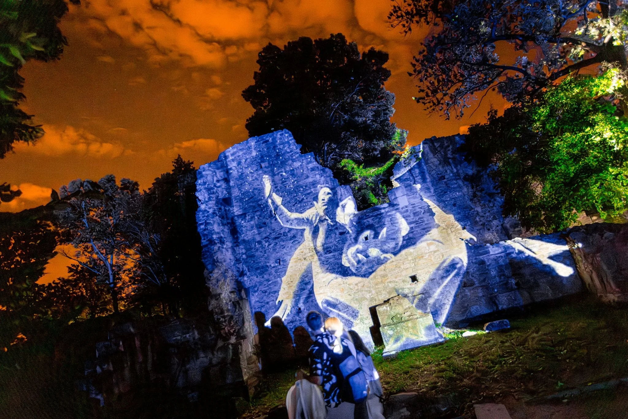 Proiezione di un'immagine retrò su una roccia all'aperto di notte, con alberi e un cielo arancione sullo sfondo, e persone che osservano la scena.