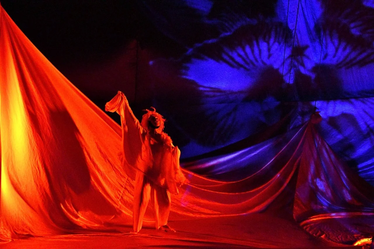 Straordinaria scena di un'esibizione teatrale con un artista mascherato in costume di scena, circondato da drappi di tessuto color fuoco, con un'illuminazione violetta e blu che crea effetti di ombre e luci