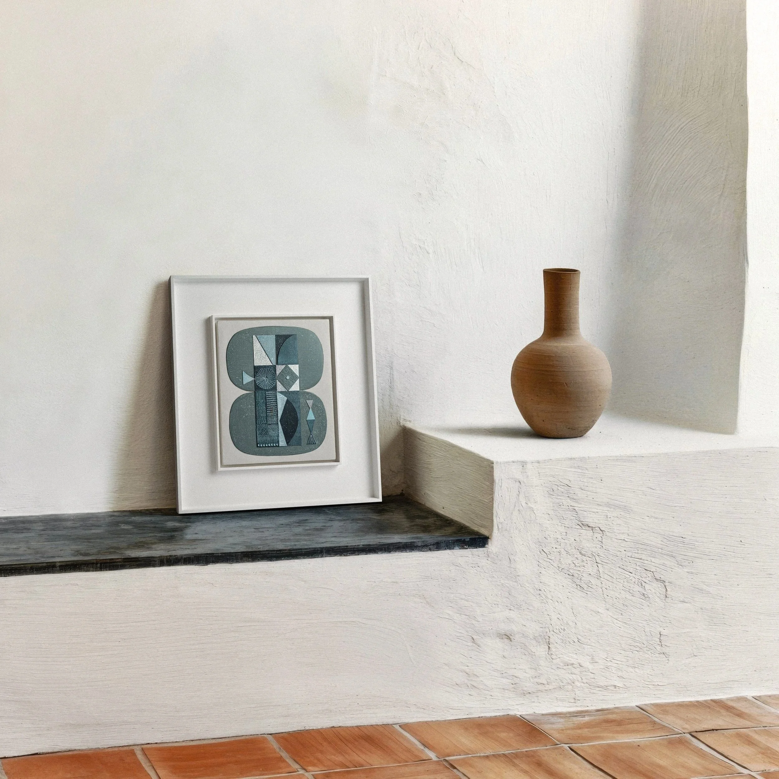 a Mediterranean minimalist interior with Sanna Annukka artwork in a St Ives style frame