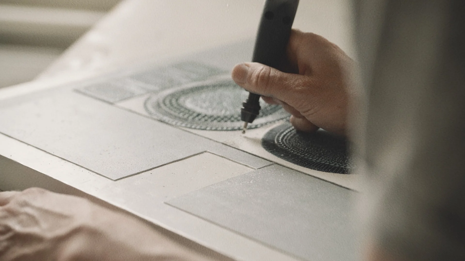 Close-up of a person's hand using a Dremmel to create a detailed black and white geometric pattern on wooden panel