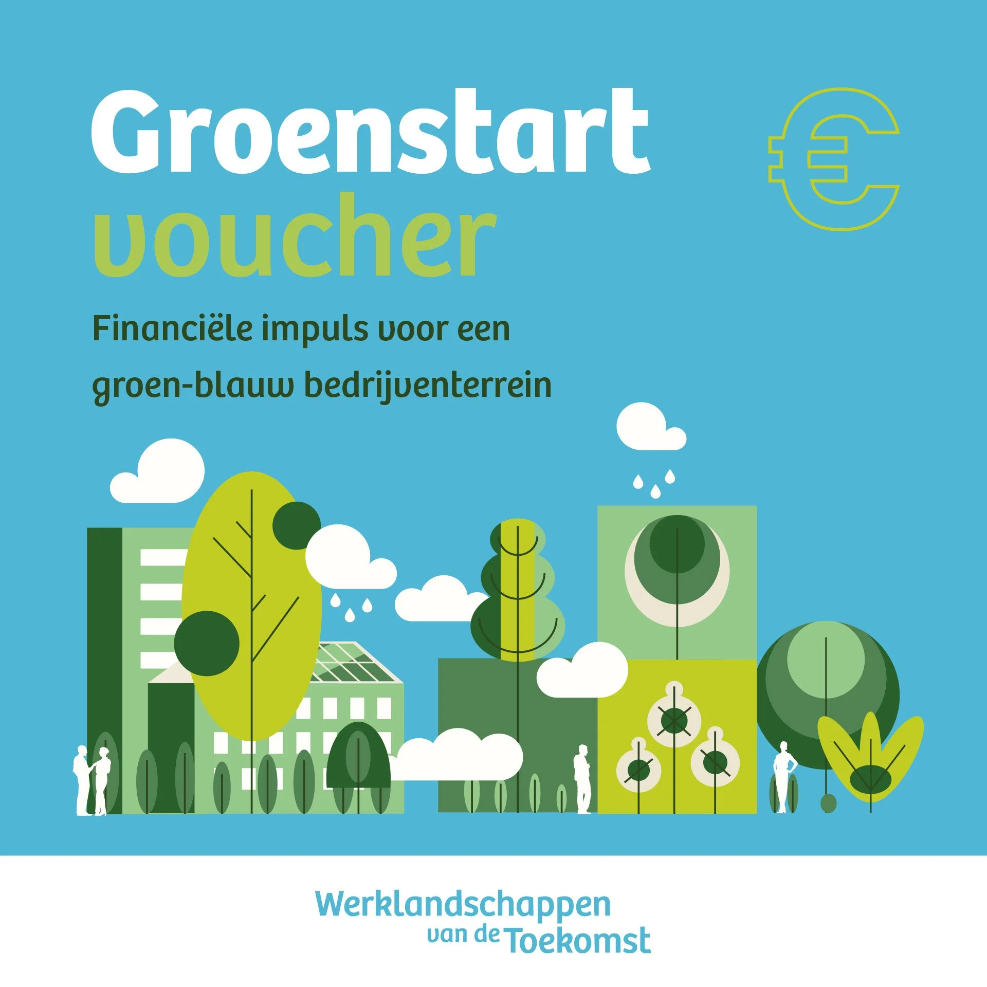Een groenen startvoucher met illustraties van een stedelijk groenlandschap, bomen, wolken en mensen die ervan genieten, gericht op het stimuleren van groen-blauwe bedrijfsterreinen.