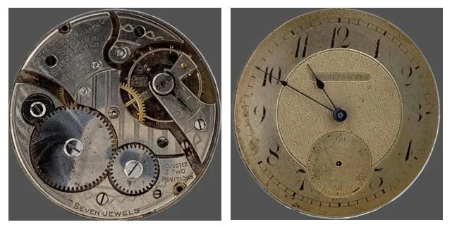 Compilation of top plate of subject movement oriented for ease of reading markings and the movement’s dial.