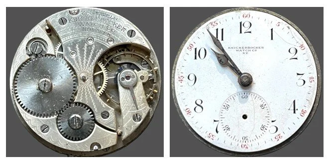 Compilation of top plate of subject movement oriented for ease of reading markings and the movement’s dial.
