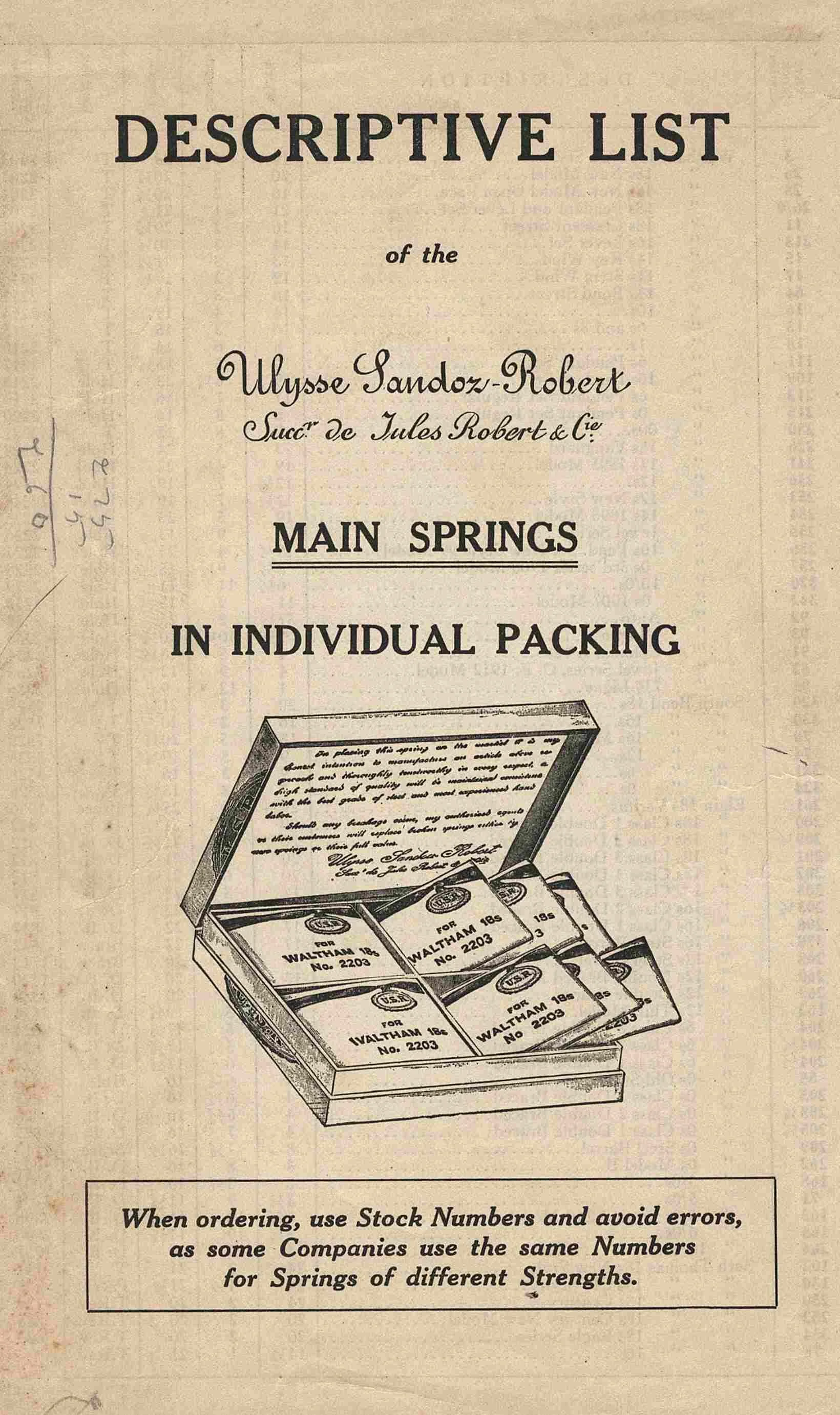 Front cover of Ulysse Sandoz-Robert Main Springs catalog