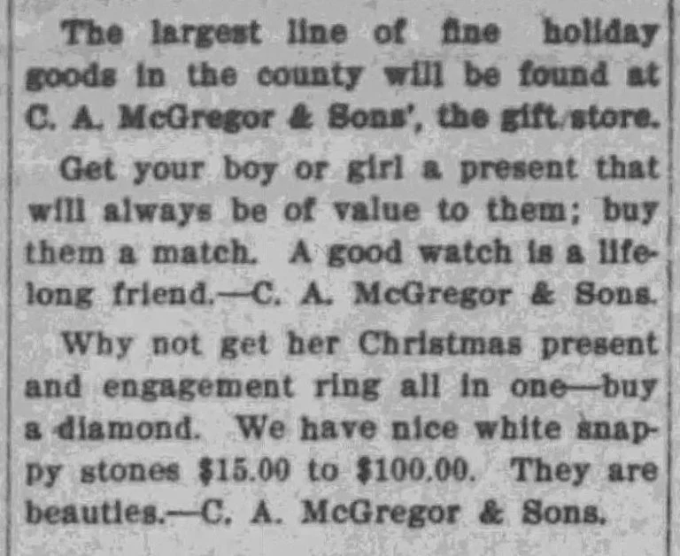 advertisement appeared in The Daily Leader on Tuesday December 12, 1905, on page 8.