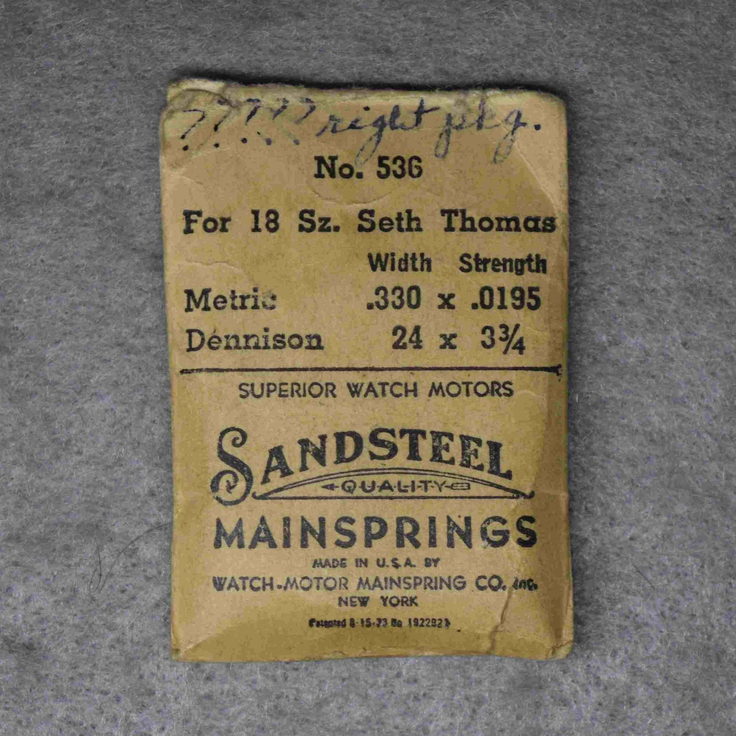 Sandsteel Mainspring Package No. 536 – Seth Thomas 18-size, 3.30 millimeters wide, 0.195 thick, or, 24 wide, 3 3/4 thick Dennison gauge