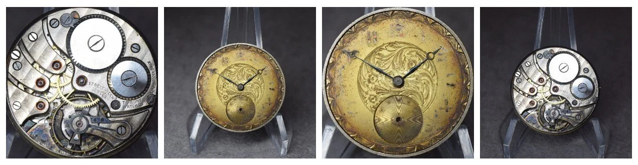 Compilation of top plate of subject movement oriented for ease of reading markings and the movement’s dial.