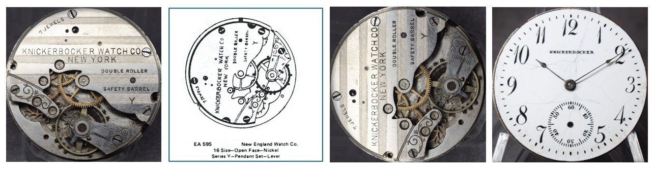 Compilation of top plate of subject movement oriented for ease of reading markings / Ehrhardt American (EA) numbered drawing / top plate oriented for ease of comparison to accompanying EA diagram / the movement’s dial