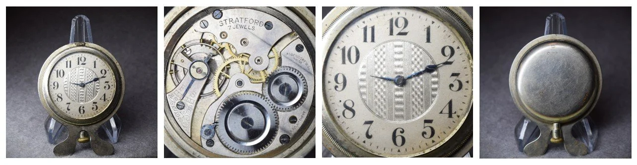 Compilation of top plate of subject movement oriented for ease of reading markings and the movement’s dial.