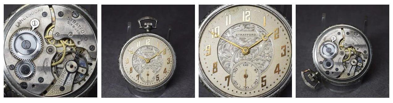 Compilation of top plate of subject movement oriented for ease of reading markings and the movement’s dial.