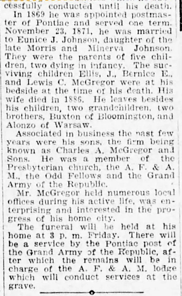 The obituary of Charles McGregor appeared in The Pantagraph on Thursday December 16, 1920, on page 5.